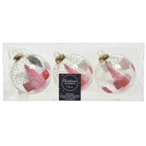 Bauble glass transparant white dot-pink tree