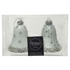 Bell glass matt- enamel silver glitter & beads- pearls 2ass