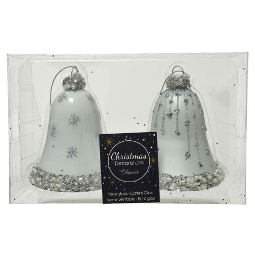 Bell glass matt- enamel silver glitter & beads- pearls 2ass