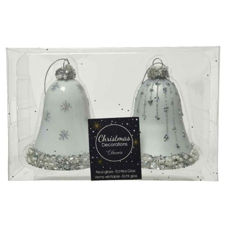 Bell glass matt- enamel silver glitter & beads- pearls 2ass