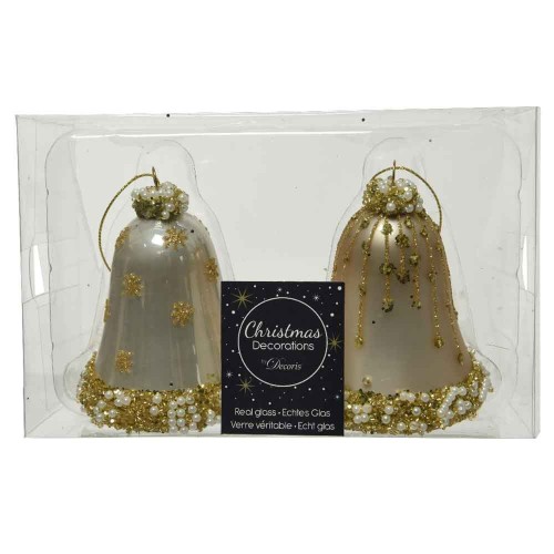 Bell glass matt- enamel gold glitter & beads- pearls 2ass