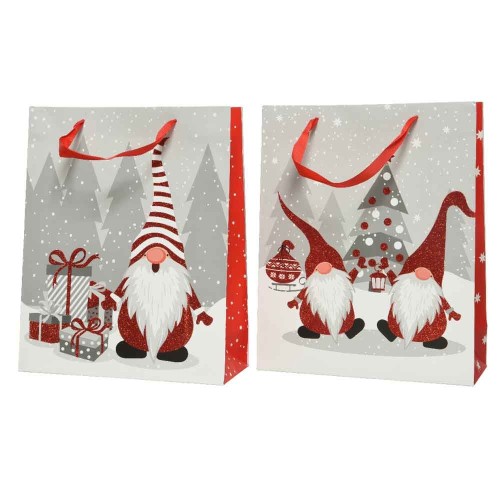 Giftbag paper rectangular red glitter gnome