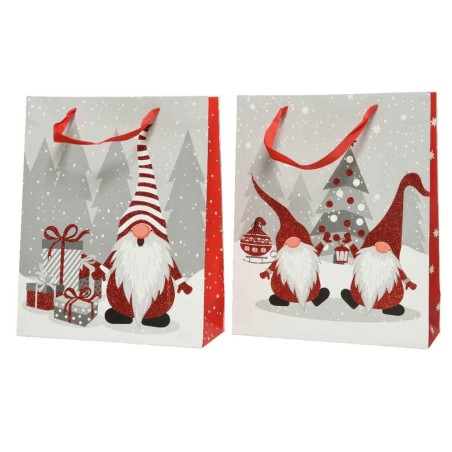 Giftbag paper rectangular red glitter gnome