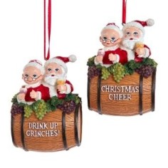 4"RESIN MR & MRS SANTA BARREL ORN W