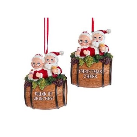 4"RESIN MR & MRS SANTA BARREL ORN W