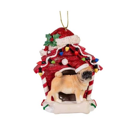 4"RESIN TAN PUG W/DOGHOUSE ORN.