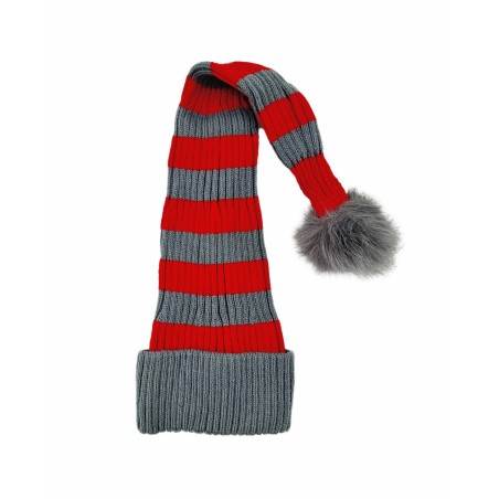 Santa hat - Red/grey striped flat knit fur pompom