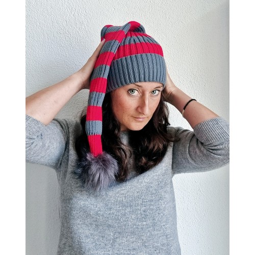 Santa hat - Red/grey striped flat knit fur pompom