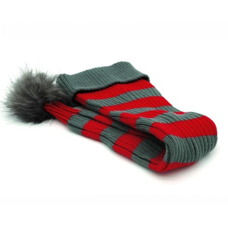 Santa hat - Red/grey striped flat knit fur pompom