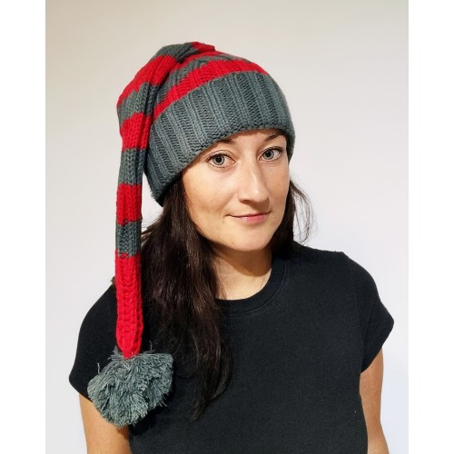 Santa hat - Red/grey striped coarse knit