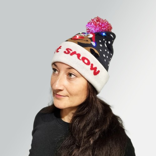 Blinking beanie LEDS  - Grey w. Rudolph "Let it snow"