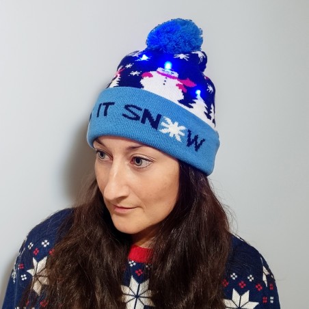 Blinking beanie LEDS  - Blue w. snowman "Let it snow"