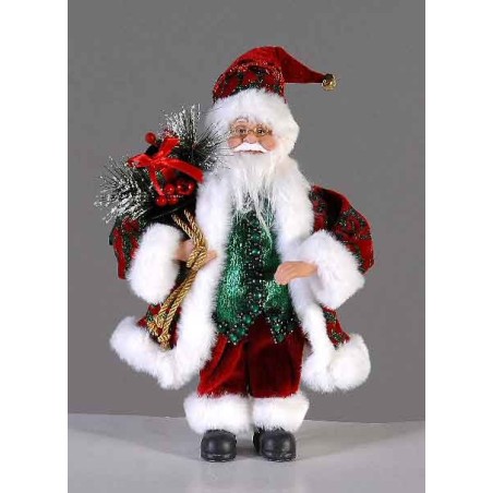 30cm Burgundy & green standing Santa w/gifts & bear