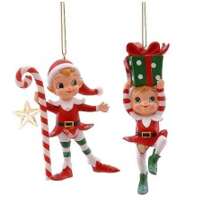12,20cm Polyresin elf w/candy cane & gift box