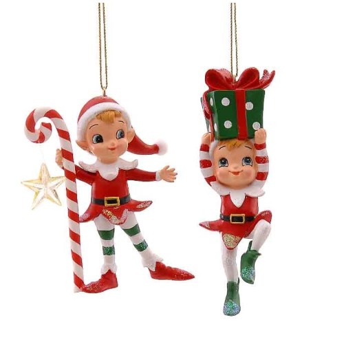 12,20cm Polyresin elf w/candy cane & gift box